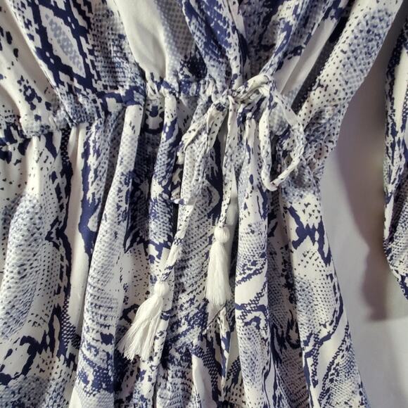 Blue Island Dress Small Snakeskin Print Long Sleeve Ruffle Hem Boho Chic - Picture 9 of 13